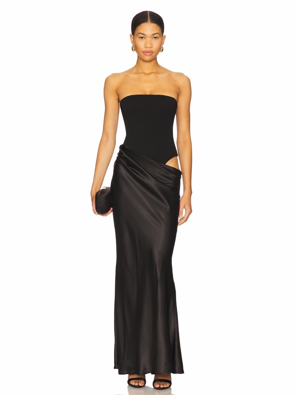 All The Ways Revolve Black Strapless Draped Waist Satin Maxi Dress Size M NWT